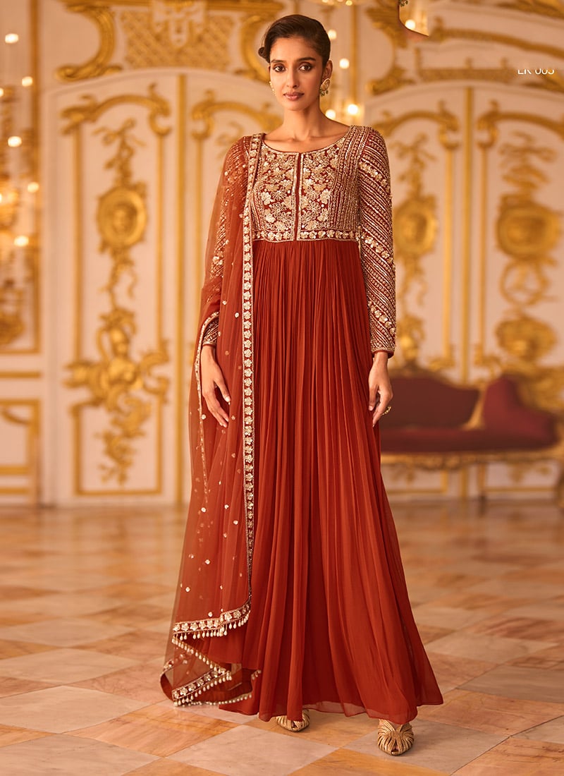 Rust Orange Beads Sequins Embroidered Faux Georgette Anarkali Suit Wedding Wear