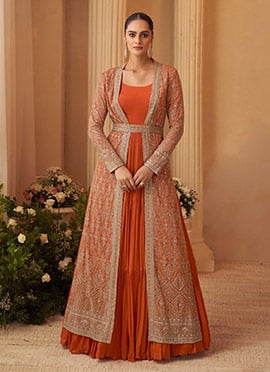 Rust Orange Chinon Silk Embroidered Zari Sequins Anarkali Gown With Jacket