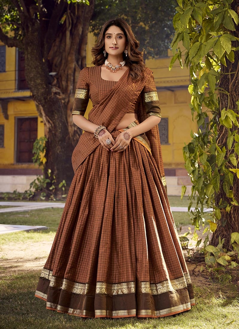 Rust Orange Cotton Zari Work Lehenga Festive Wear