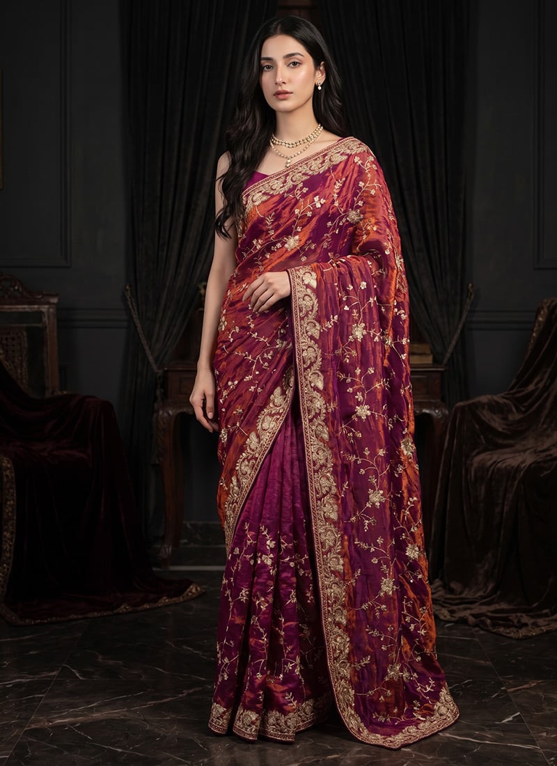 Rust Orange Crushed Silk Zari Sequins Floral Embroidered Saree Wedding Wear