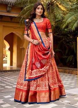 Rust Orange Dola Silk Batik Zari Lehenga