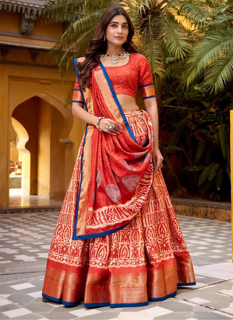 Rust Orange Dola Silk Batik Zari Lehenga Festive Wear