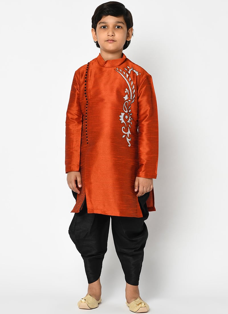 Rust Orange Dupion Silk Embroidered Kurta Pyjama Party Wear