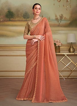 Rust Orange Georgette Embroidered Sequins Saree