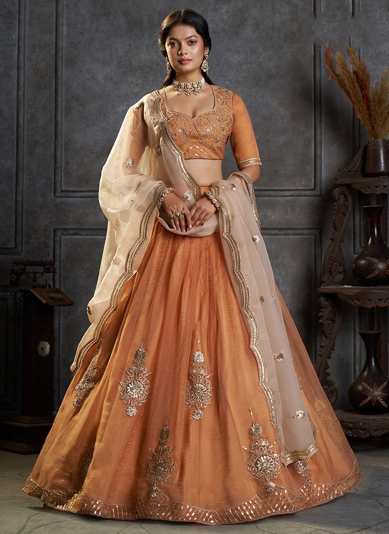 Rust Orange Organza Zari Embroidered Sequins Lehenga Wedding Wear