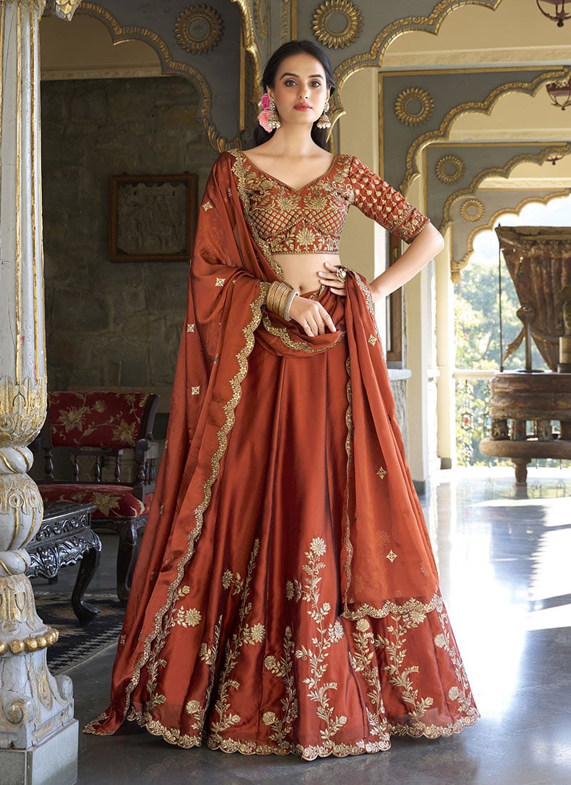 Rust Orange Rangoli Silk Zari Sequins Embroidered Umbrella Lehenga