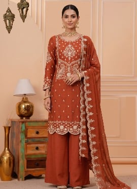 Rust Orange Sequins Embroidered Cotton Palazzo Suit
