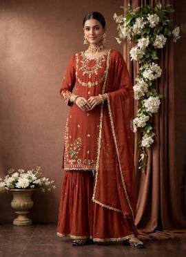 Rust Orange Sequins Embroidered Georgette Sharara Suit