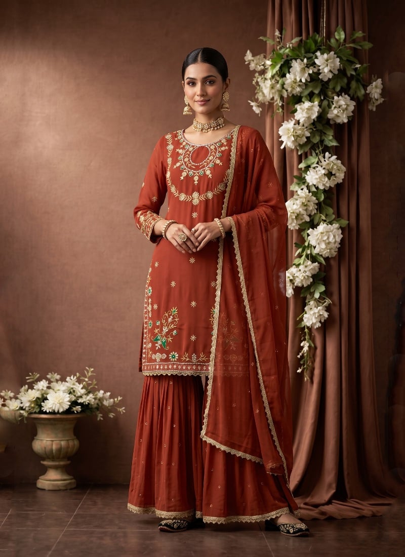 Rust Orange Sequins Embroidered Georgette Sharara Suit After Six Wear