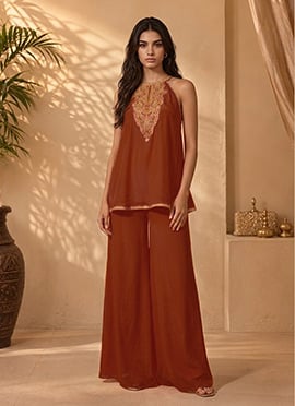 Rust Orange Silk Zari Resham Sequins Embroidery Halter Neck Kurta Palazzo Set