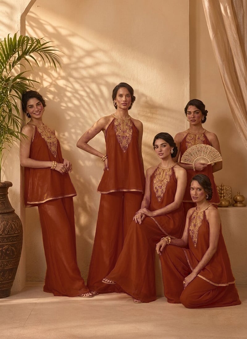 Rust Orange Silk Zari Resham Sequins Embroidery Halter Neck Kurta Palazzo Set After Six Wear