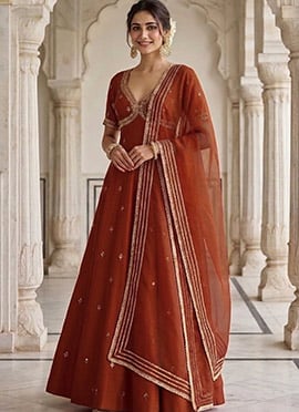 Rust Orange Silk Zari Sequins Hand Embroidered Anarkali Suit