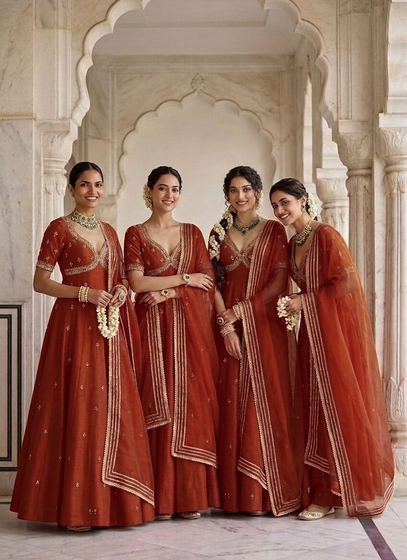 Rust Orange Silk Zari Sequins Hand Embroidered Anarkali Suit Festive Wear