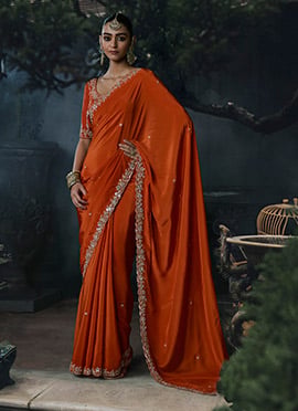 Rust Orange Tissue Silk Zari Embroidery Sequins Saree