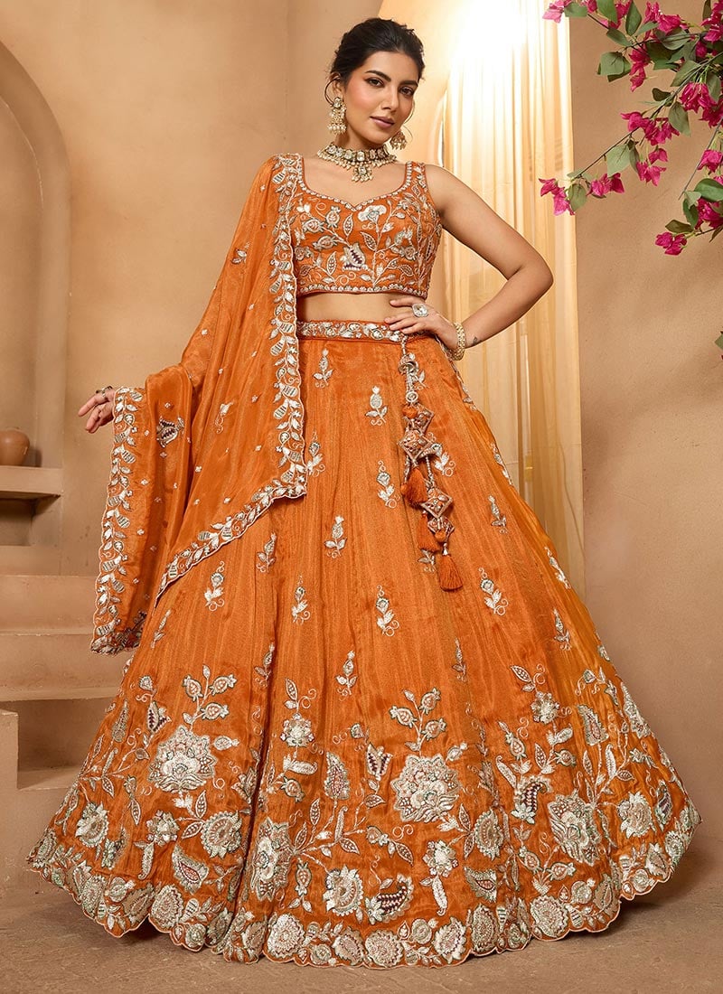Rust Orange Tissue Zari Embroidered Sequins Lehenga Wedding Wear