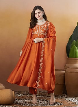 Rust Orange Vichitra Silk Embroidered Sequins Straight Pant Suit