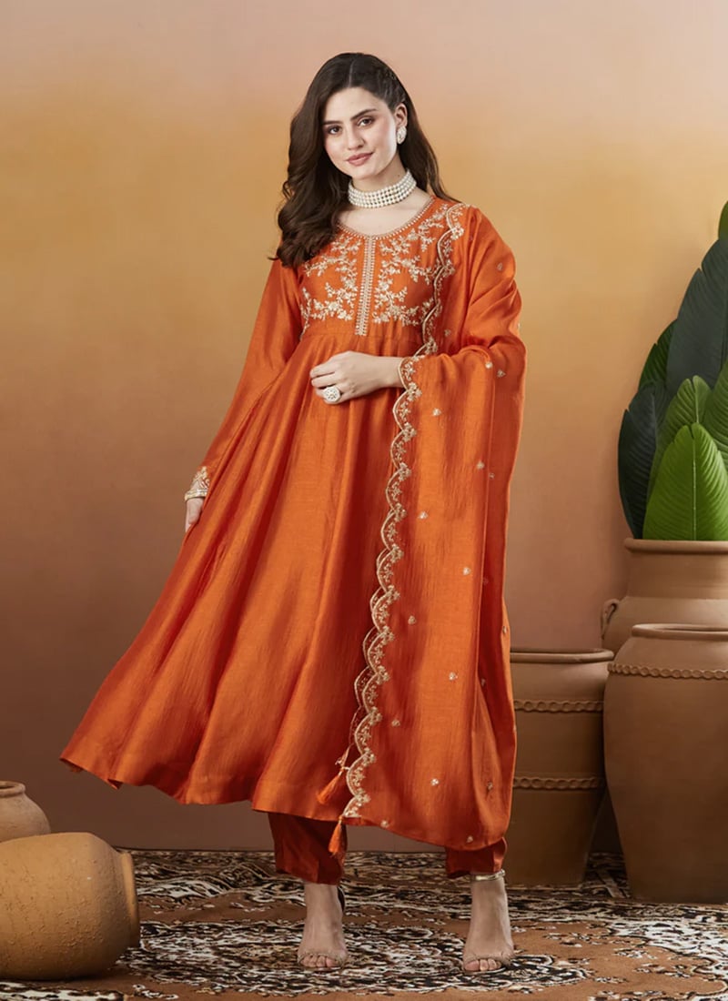 Rust Orange Vichitra Silk Embroidered Sequins Straight Pant Suit After Six Wear