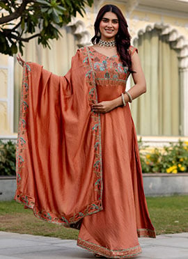 Rust Orange Vichitra Silk Heavy Embroidered Anarkali