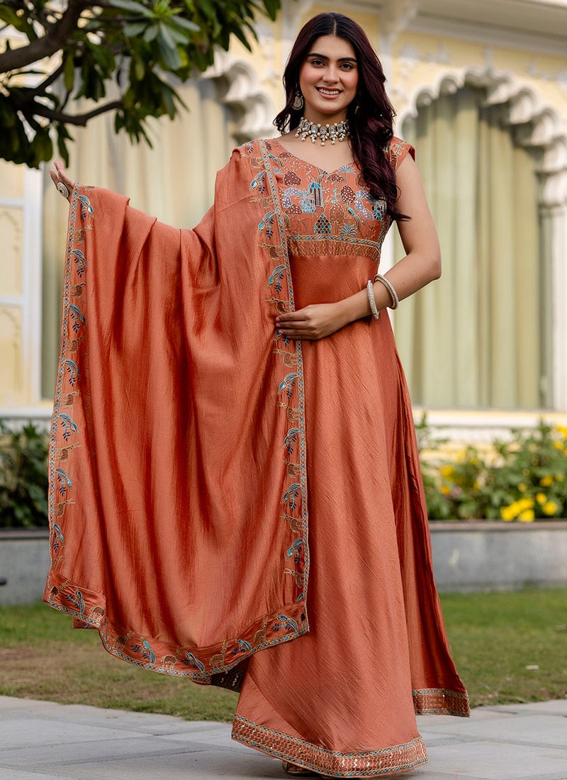 Rust Orange Vichitra Silk Heavy Embroidered Anarkali Festive Wear