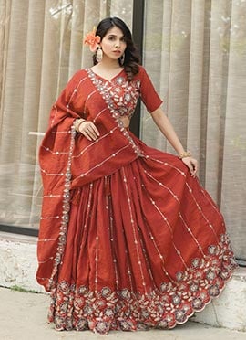 Rust Orange Vichitra Silk Zari Embroidered Sequins Lehenga