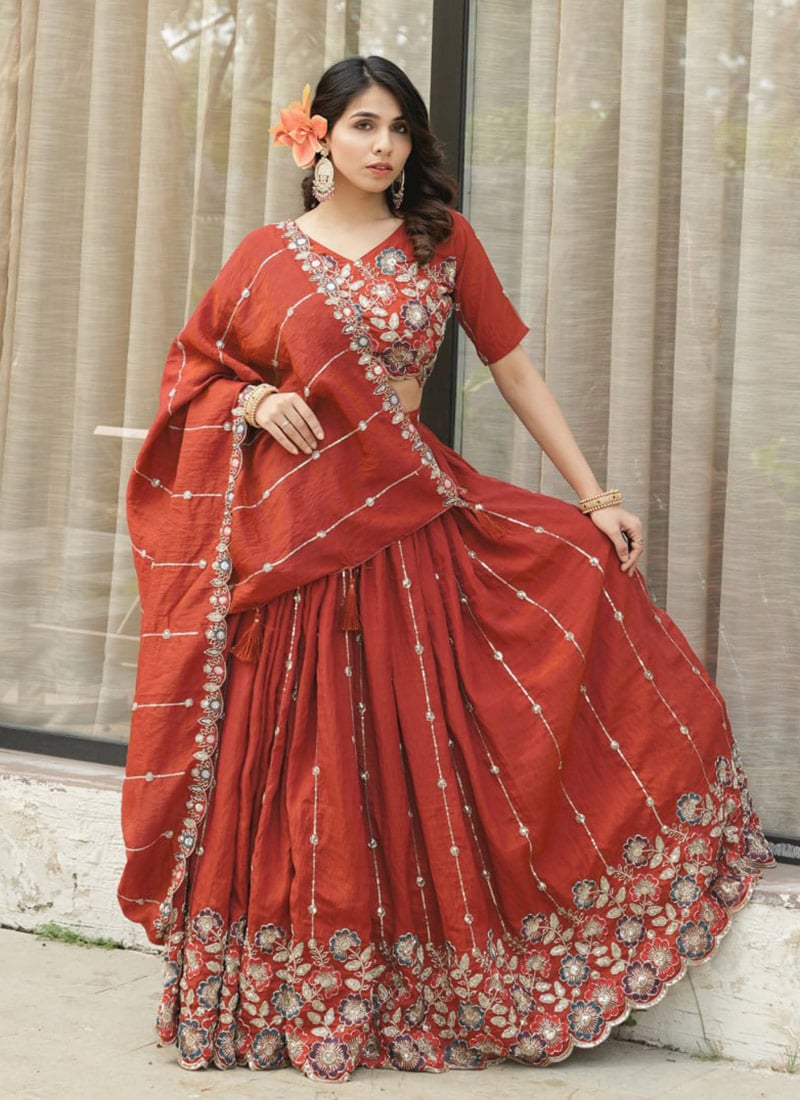 Rust Orange Vichitra Silk Zari Embroidered Sequins Lehenga Wedding Wear