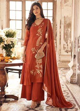 Rust Orange Zari Sequins Embroidered Silk Asymmetric Palazzo Suit