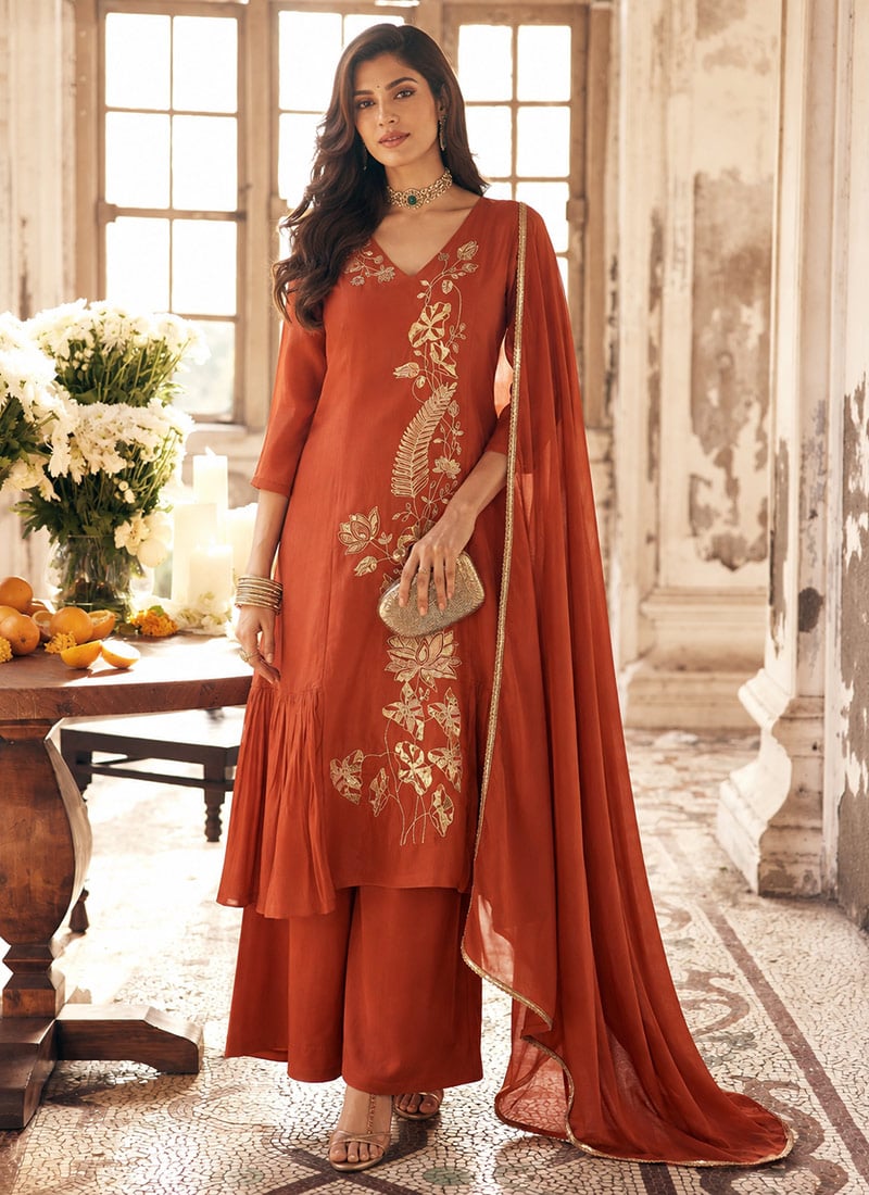 Rust Orange Zari Sequins Embroidered Silk Asymmetric Palazzo Suit After Six Wear