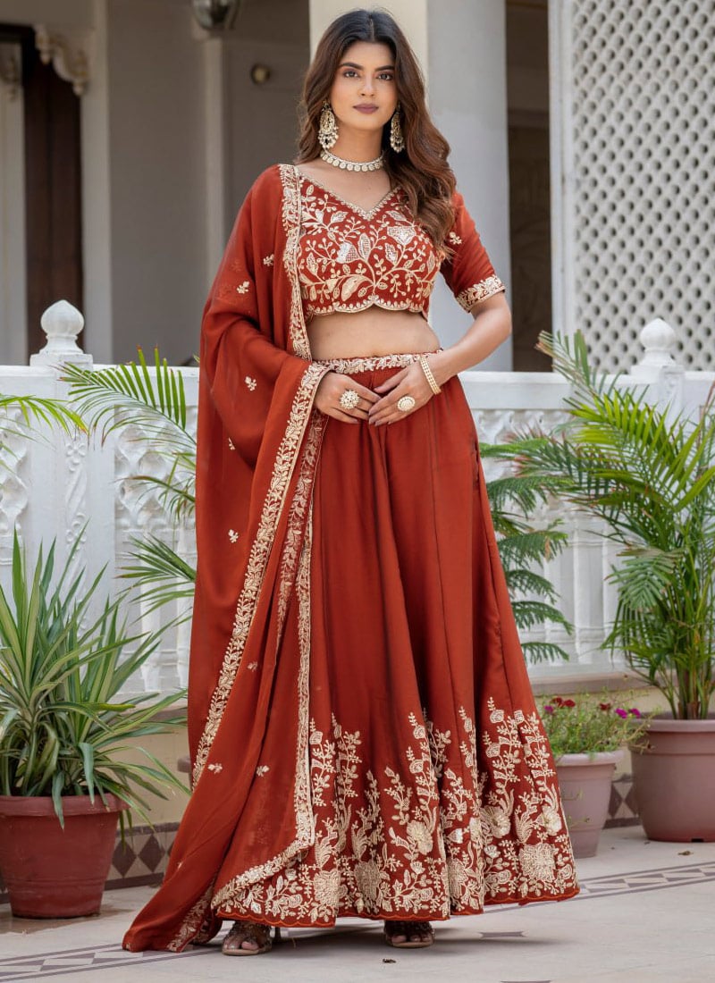 Rust Orange Zari Sequins Embroidered Silk Lehenga Wedding Wear