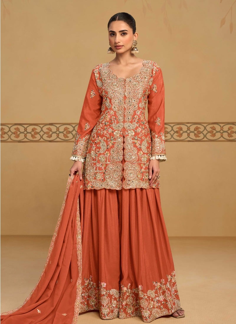 Rust Orange Zari Sequins Mirror Stone Embroidered Chinon Palazzo Suit Festive Wear