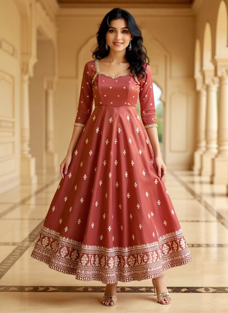 Rust Organza Sequins Embroidered Anarkali Suit Festive Wear