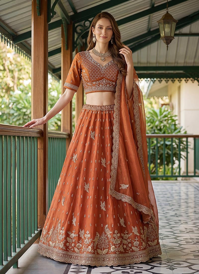 Rust Organza Tissue Zari Embroidered Sequins Stones Beads Work Lehenga Wedding Wear