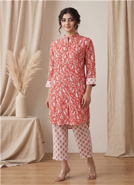 Rust Printed Cotton Kurta Set