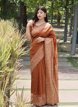 Rust Raw Silk Printed Saree