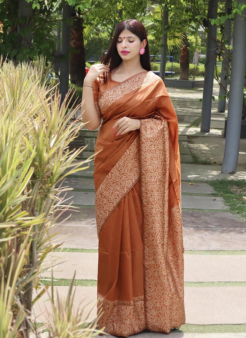Rust Raw Silk Printed Saree Festive Wear