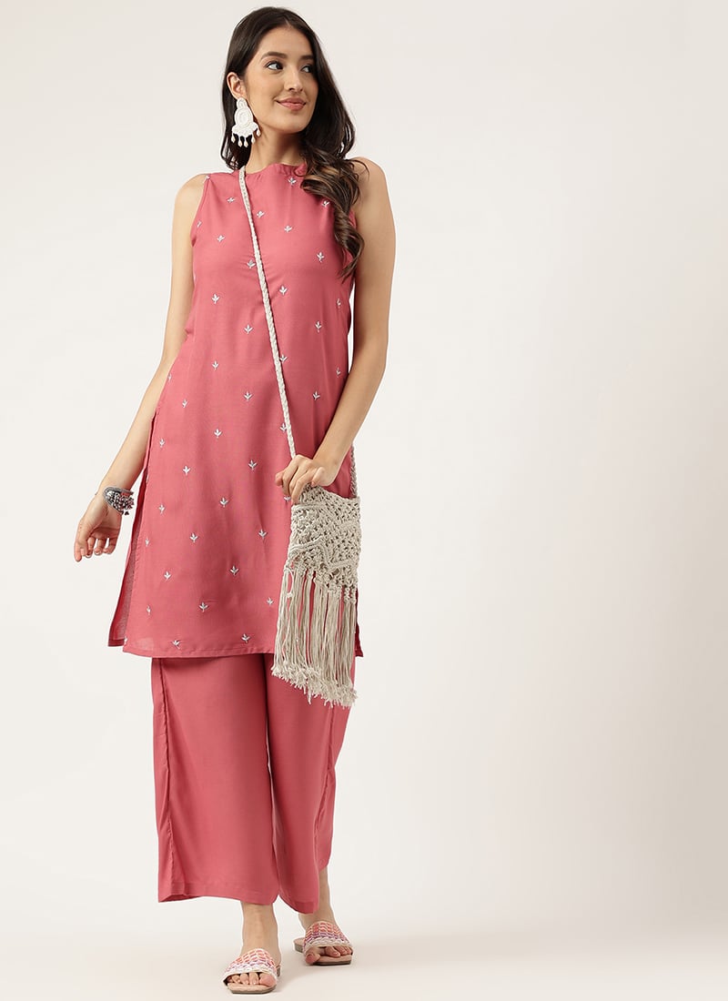 Rust Rayon Embroidered Butti Kurta Palazzo Set