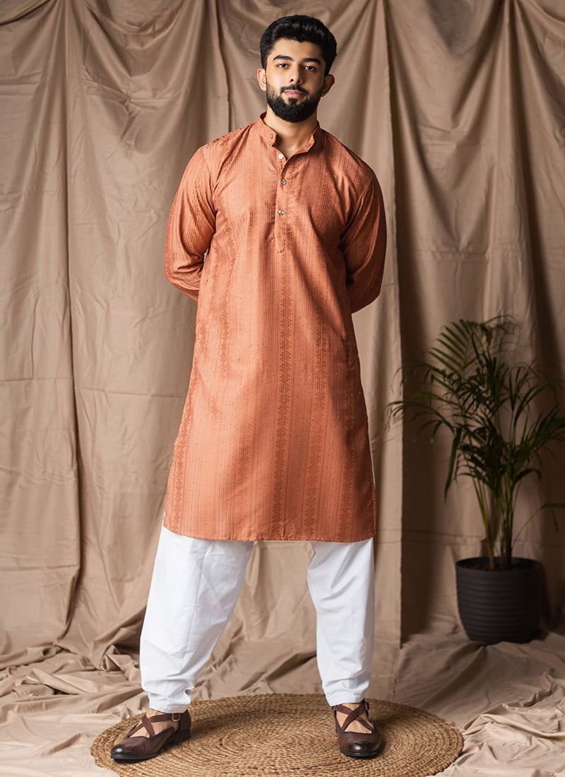 Rust Rayon Embroidered Sequins Kurta Pyjama