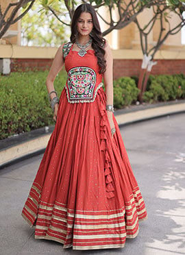 Rust Rayon Gamthi Mirror Work Indo Western Navratri Skirt Set