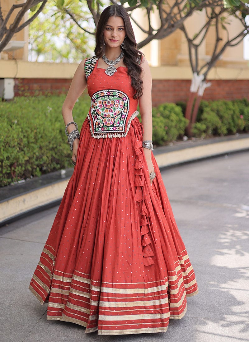 Rust Rayon Gamthi Mirror Work Indo Western Navratri Skirt Set Festive Wear