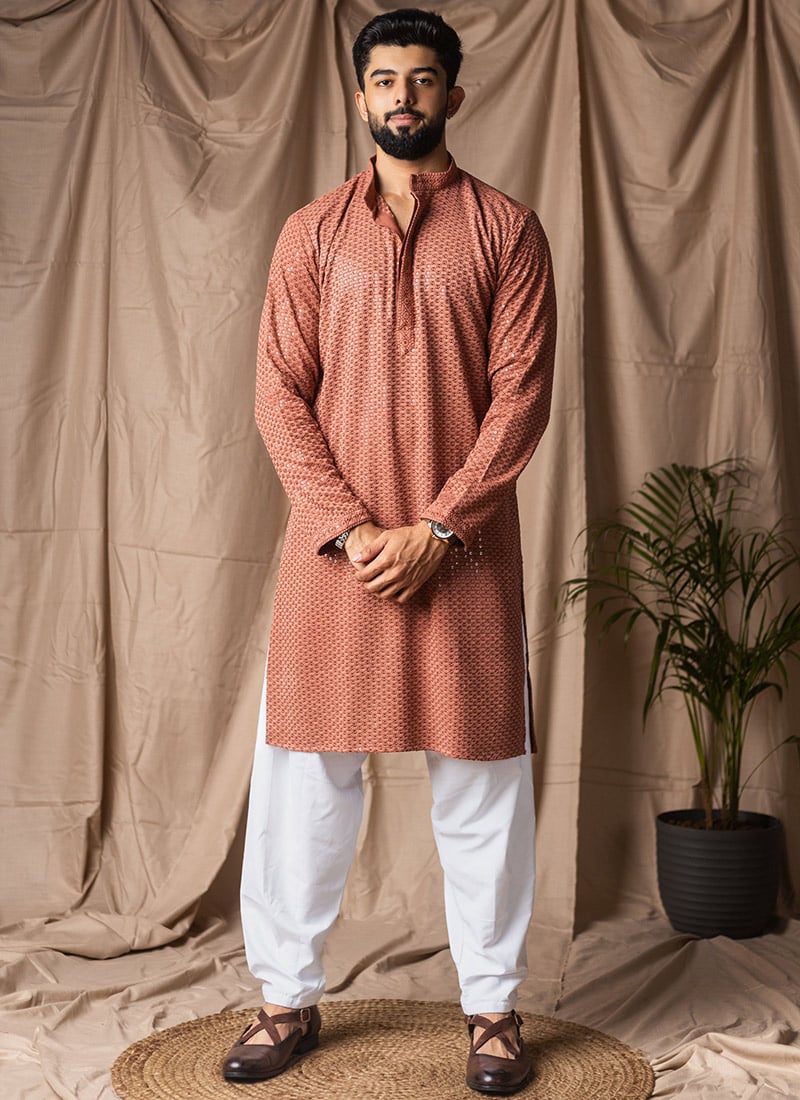 Rust Rayon Thread Embroidered Sequins Kurta Pyjama