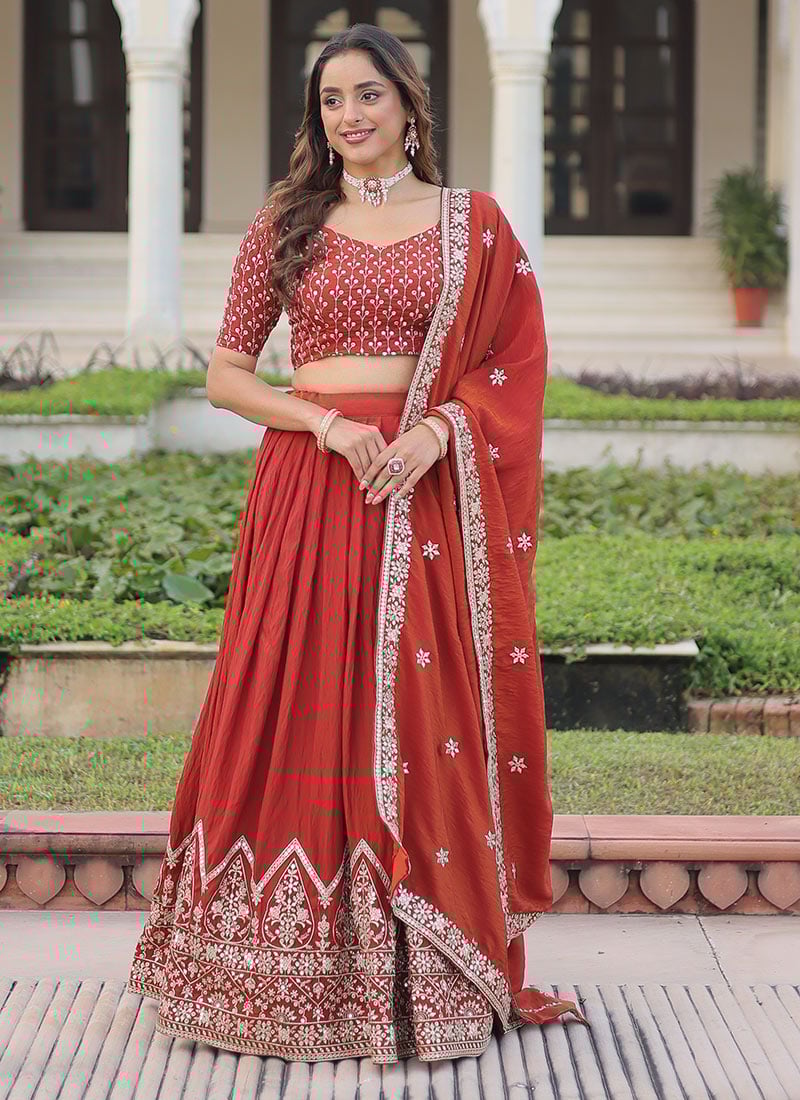 Rust Red Gold Crush Silk Embroidered Sequins Thread Umbrella Lehenga