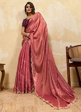Rust Red Velvet Satin Saree With Sequin And Zari Embroidery