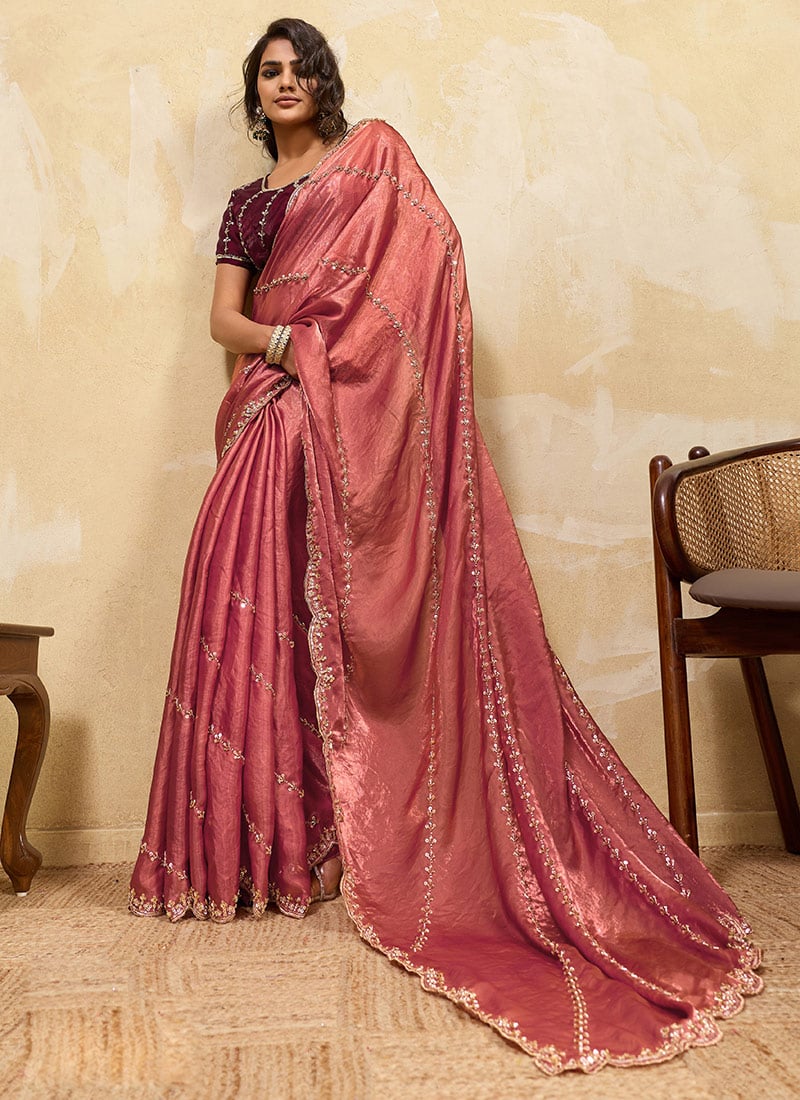 Rust Red Velvet Satin Saree With Sequin And Zari Embroidery After Six Wear
