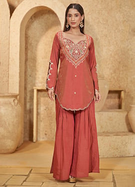 Rust Red Zari Sequins Bell Sleeve Shimmer Sharara Suit