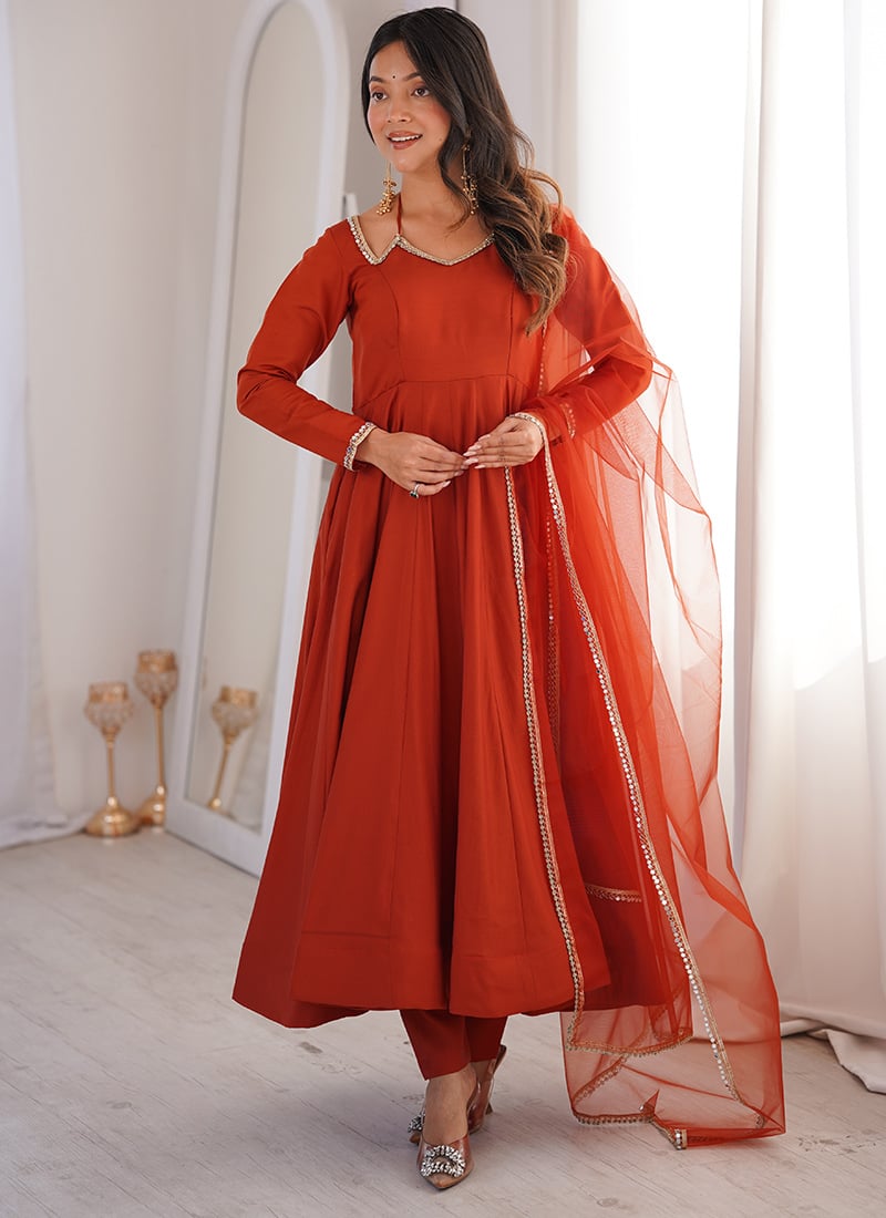 Rust Roman Silk Chanderi Mirror Work Anarkali Suit After Six Wear