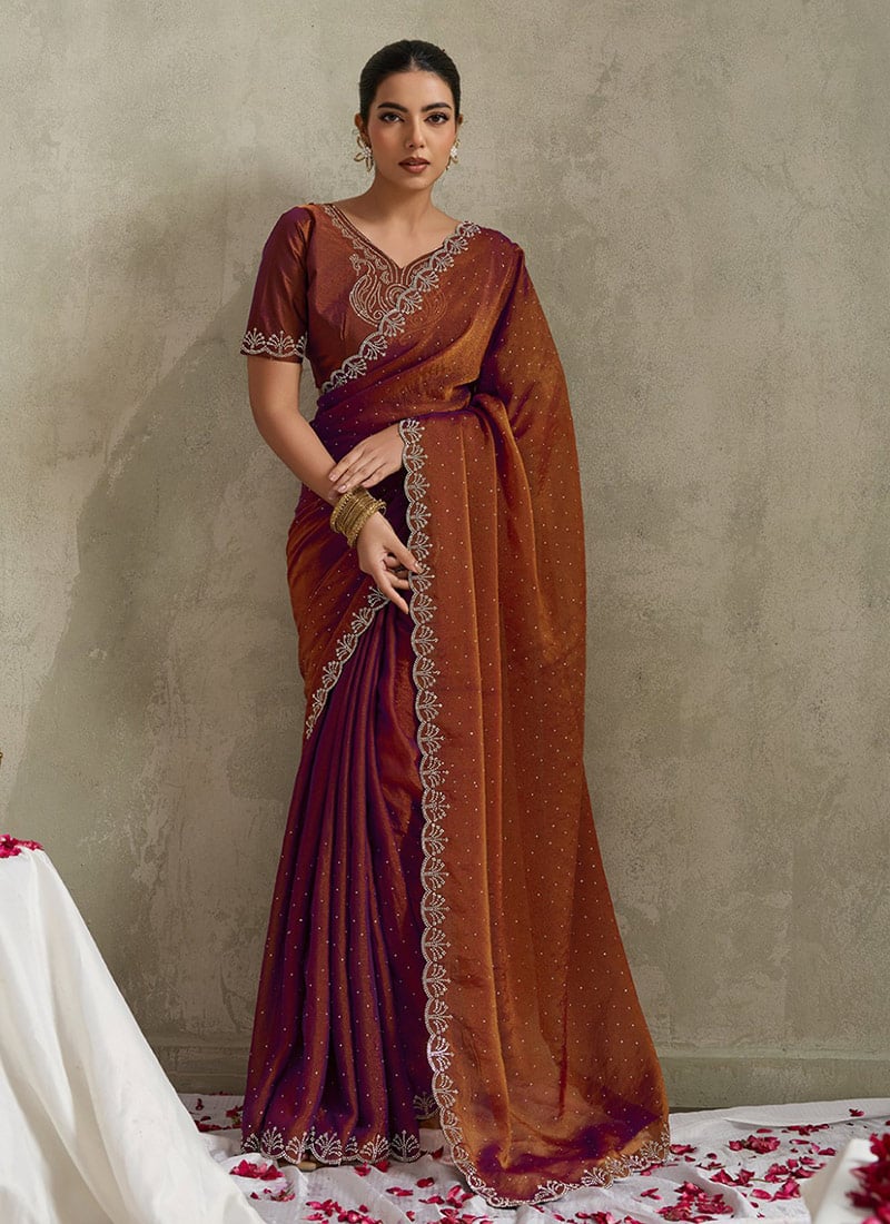 Rust Satin Silk Stone Saree Festive Wear