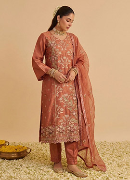 Rust Shimmer Silk Straight Pant Suit With Heavy Floral Embroidery