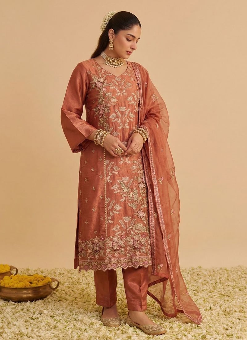 Rust Shimmer Silk Straight Pant Suit With Heavy Floral Embroidery After Six Wear