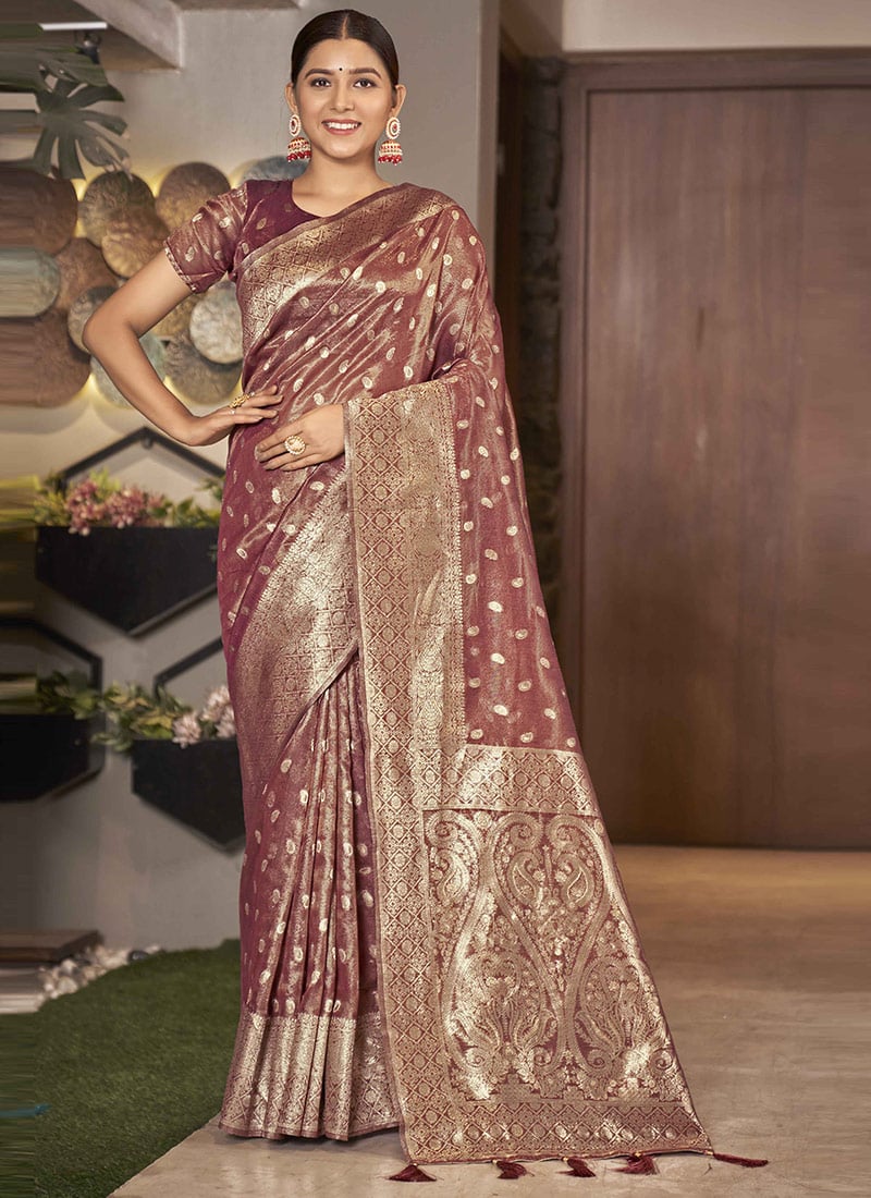 Rust Shimmer Silk Zari Saree Festive Wear