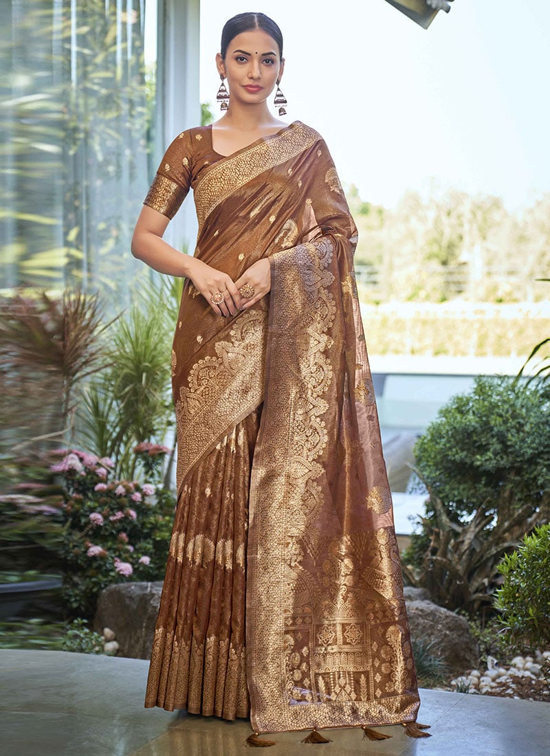 Rust Shimmer Silk Zari Woven Saree Festive Wear