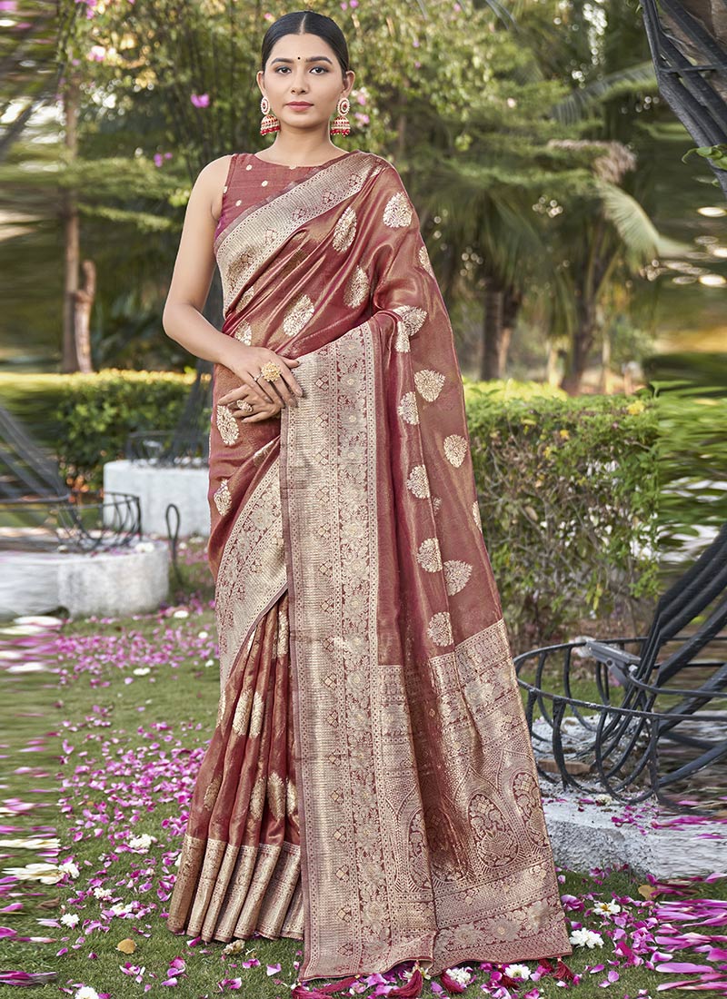 Rust Shimmer Silk Zari Woven Saree Festive Wear